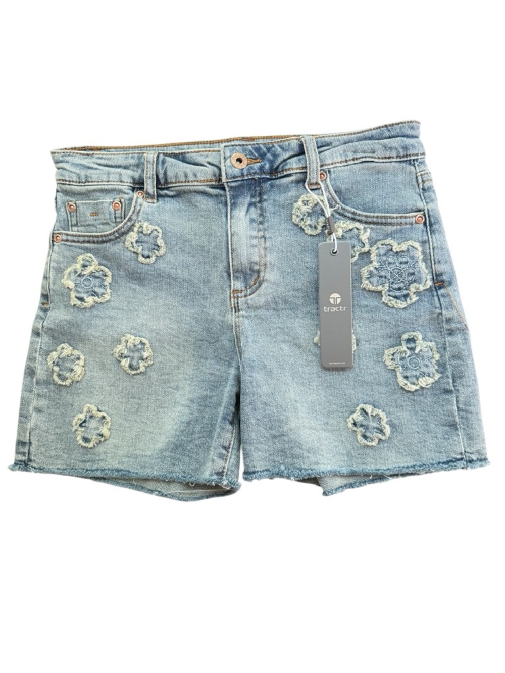 Tractr Denim Shorts Girls Light Wash Size 14 Crochet Flower Patch Frayed NWT - Picture 2 of 11